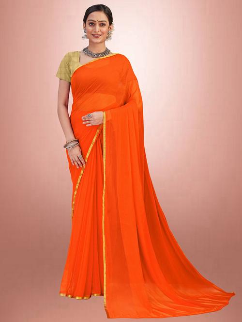 orange plain saree with blouse piece - 19879241 - Very Small Image - 1