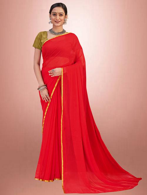 red jacquard plain saree - 19879307 - Very Small Image - 1