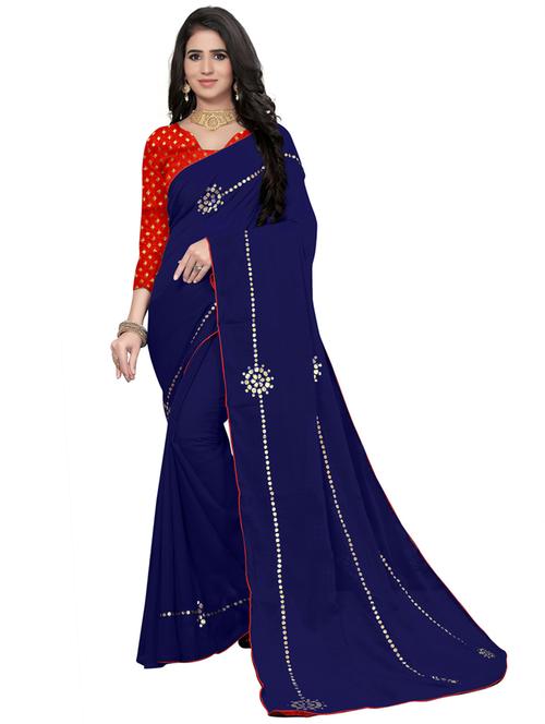 dark blue georgette embroidered saree - 19879465 - Very Small Image - 1