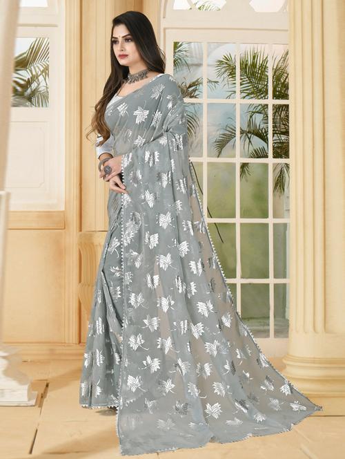 foil printed saree with blouse - 19880398 - Very Small Image - 1