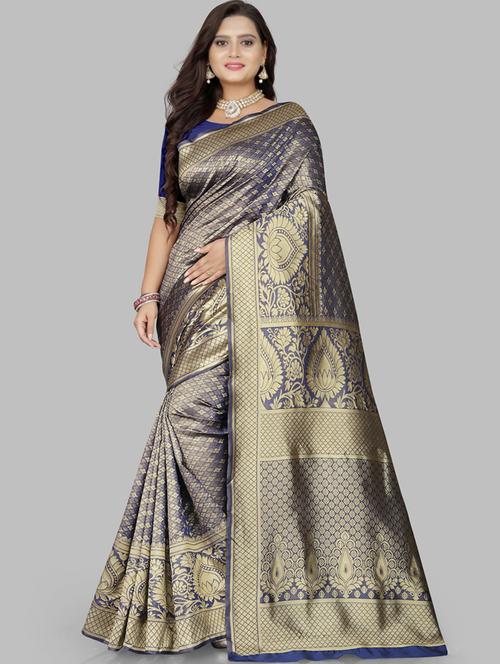 self design banarasi saree with blouse - 19880986 - Very Small Image - 1