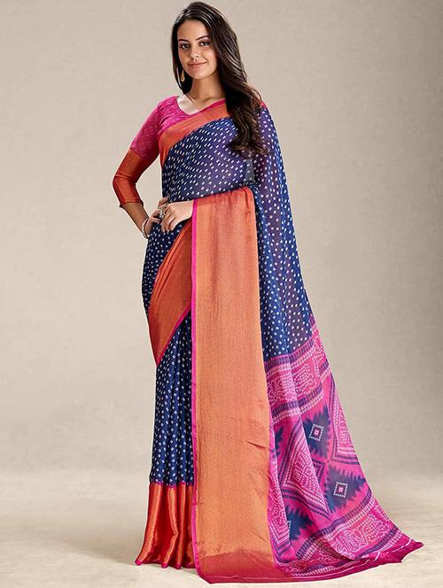 women's bandhani navy blue colored saree with blouse - 19882460 - Very Small Image - 1