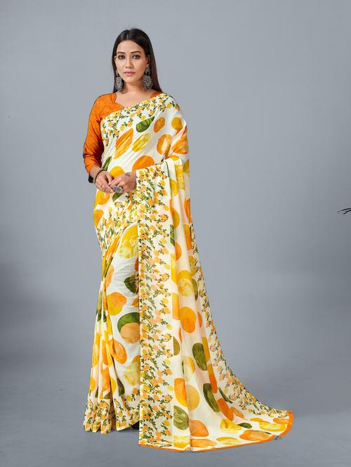 women's tropical yellow colored saree with blouse - 19882475 - Very Small Image - 1