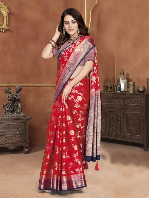 red woven saree - 19882769 - Very Small Image - 1