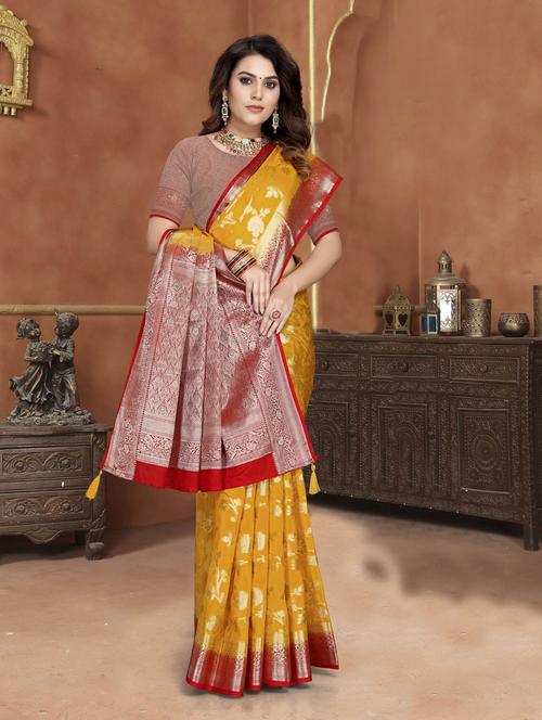 orange silk saree with blouse - 19882772 - Very Small Image - 1