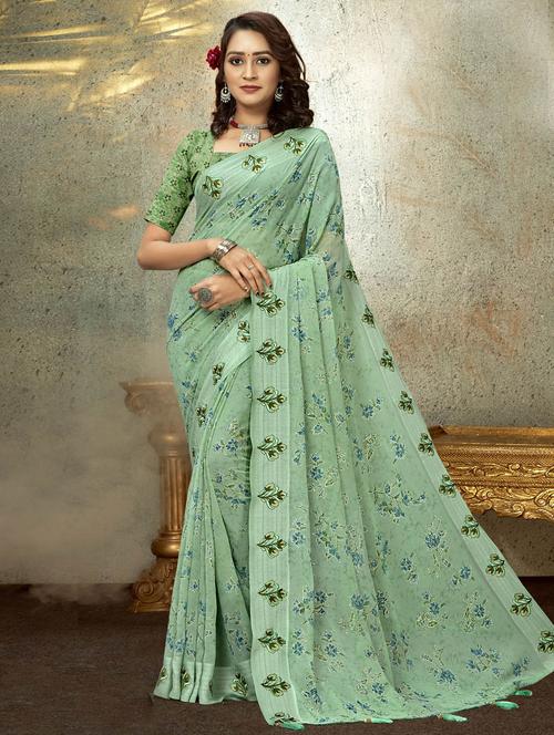 women's floral light green colored saree with blouse - 19882923 - Very Small Image - 1