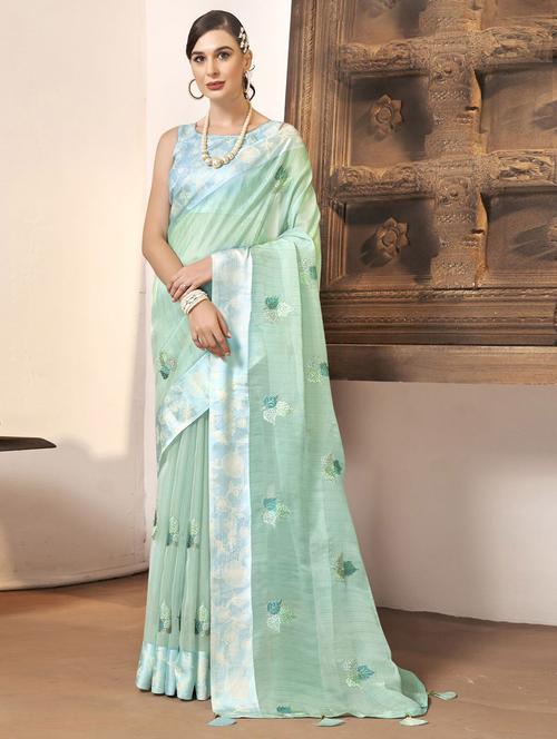 women's floral blue colored saree with blouse - 19882952 - Very Small Image - 1