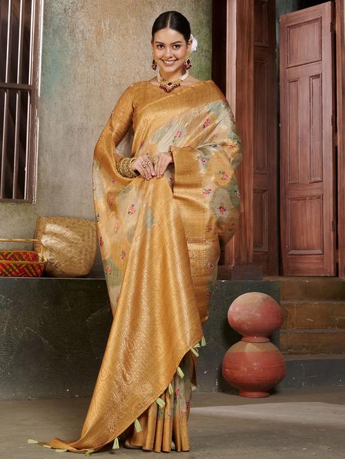 women's self design mustard colored saree with blouse - 19885439 - Very Small Image - 1