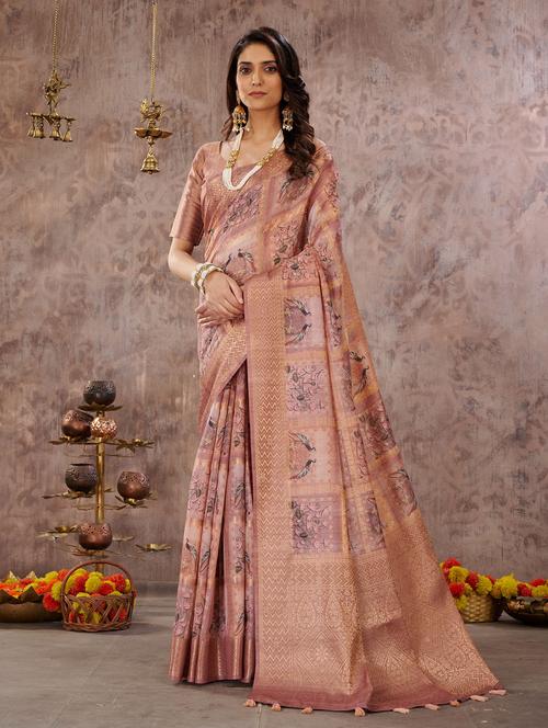 women's floral peach colored saree with blouse - 19885449 - Very Small Image - 1