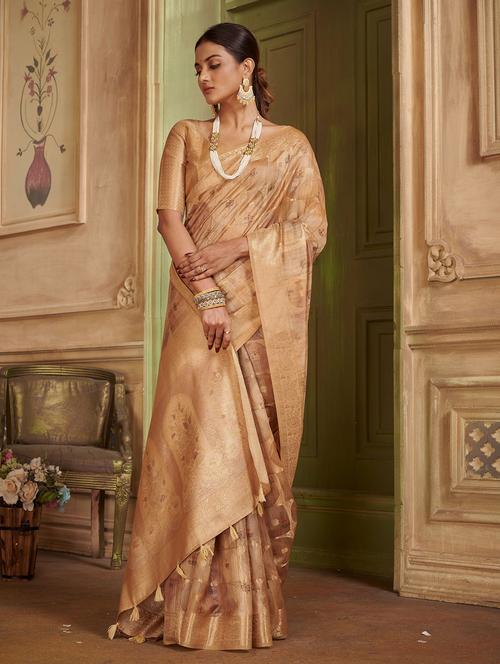 women's self design gold colored saree with blouse - 19885457 - Very Small Image - 1