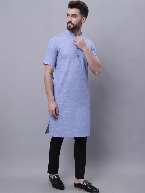blue self design cotton long kurta - 19886031 - Very Small Image - 1