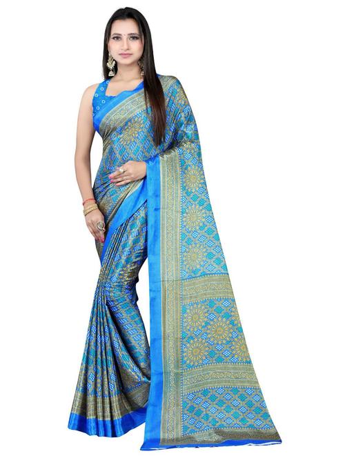 women's printed turquoise colored saree with blouse - 19886346 - Very Small Image - 1