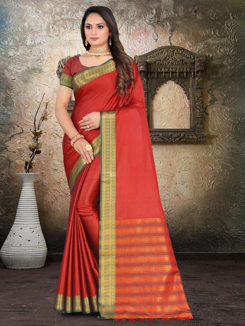 solid bordered kanjivaram saree with blouse - 19886581 - Very Small Image - 1