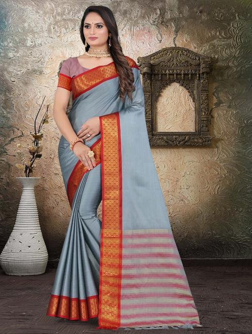 solid bordered kanjivaram saree with blouse - 19886588 - Very Small Image - 1