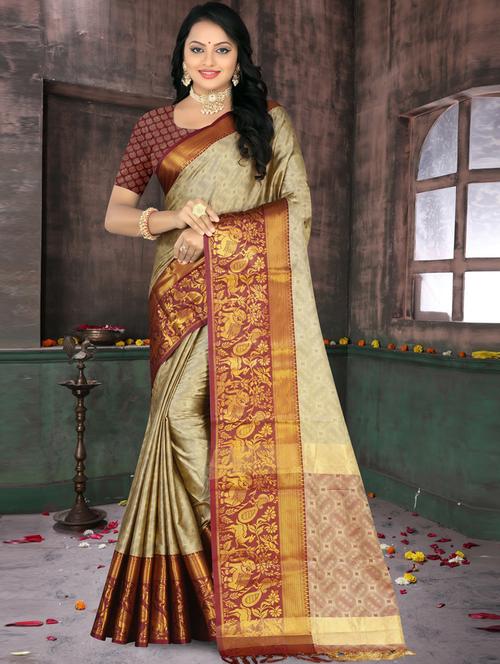 red art silk kanjivaram saree with blouse - 19886701 - Very Small Image - 1