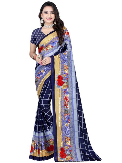 dark blue printed saree with blouse - 19887080 - Very Small Image - 1
