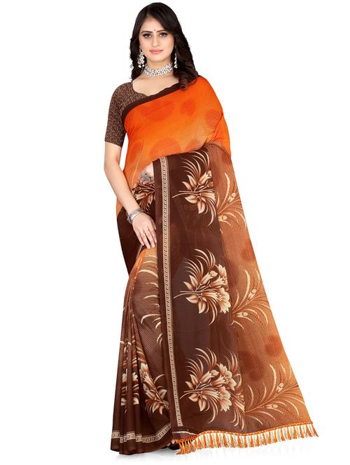 orange printed georgette saree - 19887092 - Very Small Image - 1