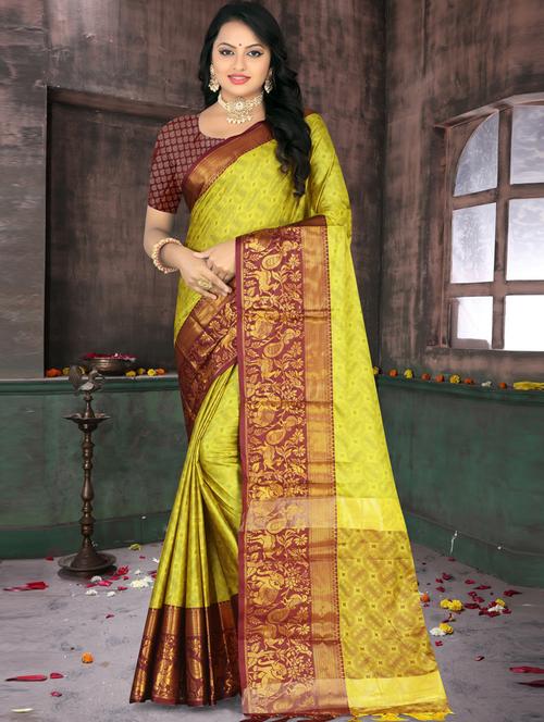 yellow silk kanjivaram saree with blouse - 19887102 - Very Small Image - 1