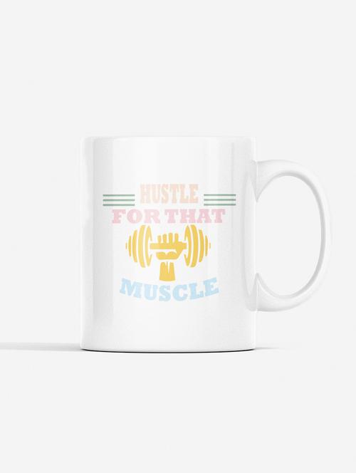 hustle for that muscle, (bg orange, pink, yellow and white) - printed coffee mugs for gym lovers - 19890929 - Very Small Image - 1