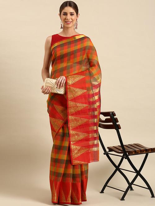 women's checks multi colored saree - 19891412 - Very Small Image - 1