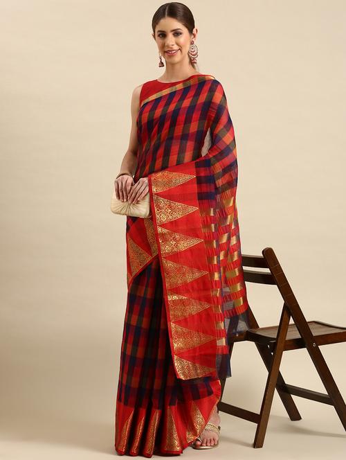 women's checks multi colored saree - 19891413 - Very Small Image - 1