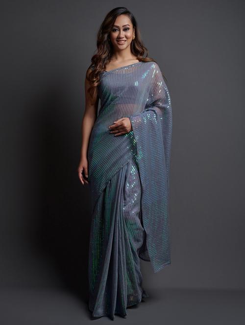self design sequin work georgette saree with blouse - 19895741 - Very Small Image - 1