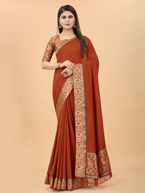 women's self design orange colored saree with blouse - 19896492 - Very Small Image - 1