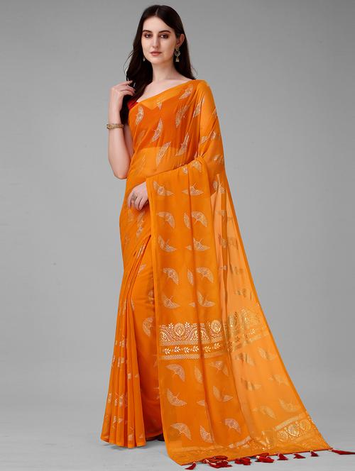 yellow georgette saree with blouse - 19896497 - Very Small Image - 1