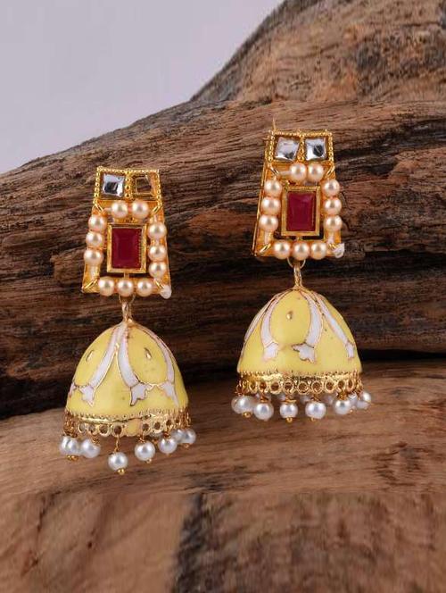 yellow brass jhumka earring - 19899022 - Very Small Image - 1