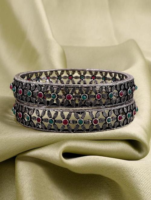 tjc colored stone studded brass silver bangle bracelet set (pack of 2) - 19899322 - Very Small Image - 1