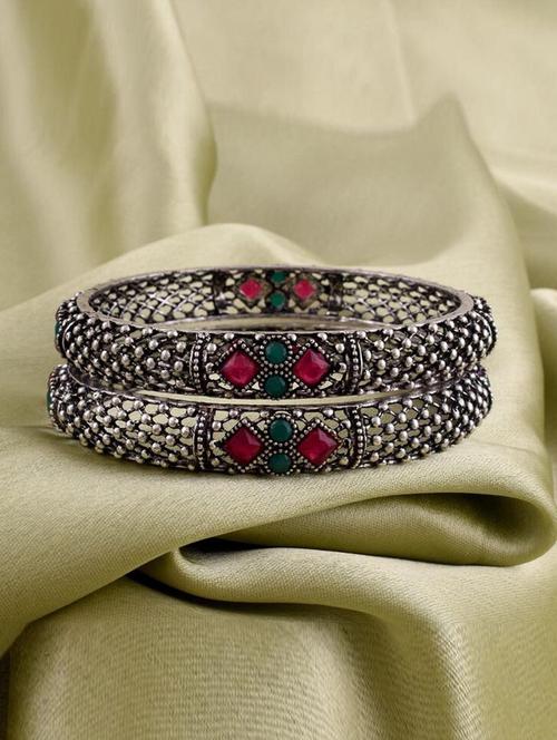 tjc colored stone studded brass silver bangle bracelet set (pack of 2) - 19899364 - Very Small Image - 1