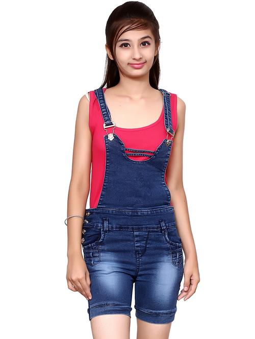 blue solid denim square neck dungarees - 19899672 - Very Small Image - 1