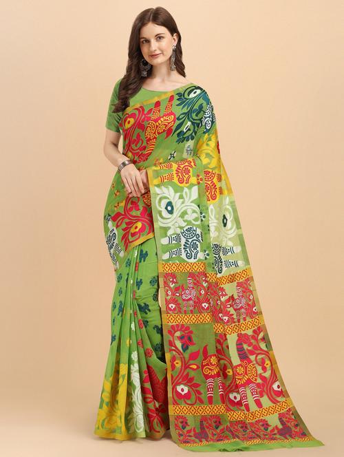 light green cotton silk jamdani saree - 19900143 - Very Small Image - 1