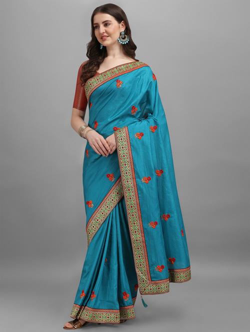 light blue art silk embroidered saree with blouse - 19900158 - Very Small Image - 1