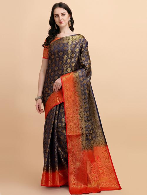 dark blue silk banarasi saree - 19900162 - Very Small Image - 1