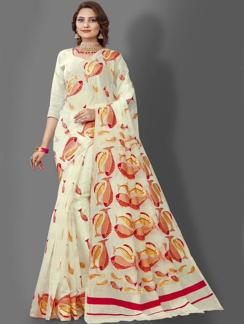 white cotton jamdani saree with blouse - 19900167 - Very Small Image - 1