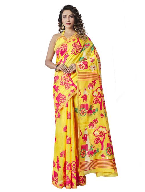 yellow cotton printed saree with blouse - 19900170 - Very Small Image - 1