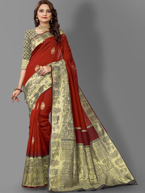 red jacquard kanjivaram saree with blouse - 19900174 - Very Small Image - 1