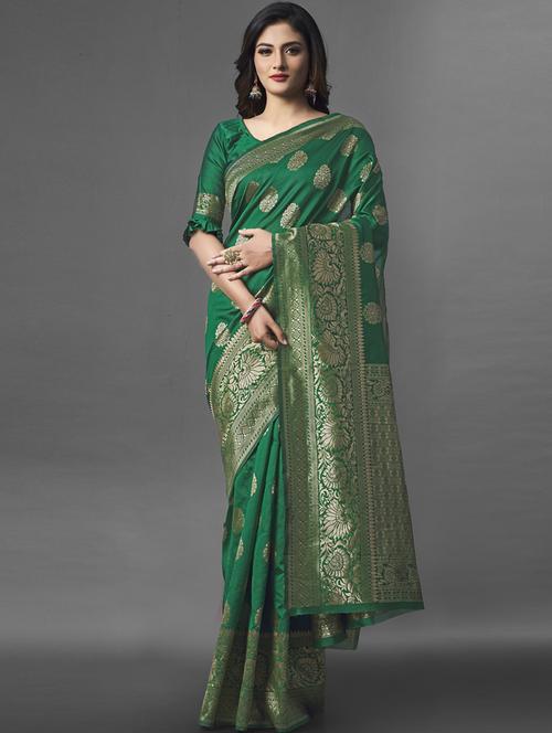 green silk blend kanjivaram saree - 19900176 - Very Small Image - 1