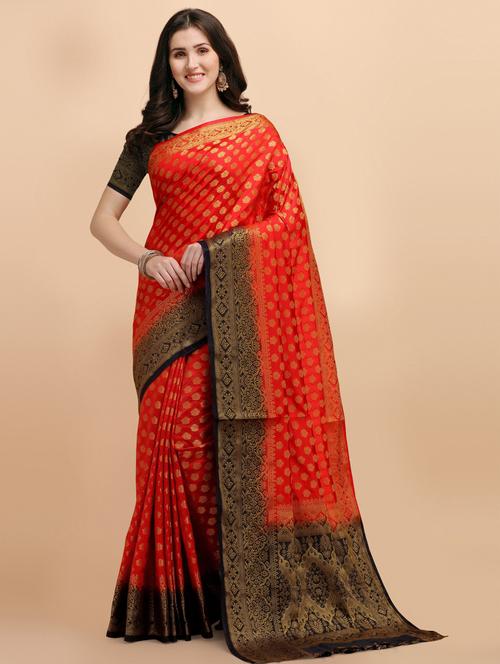 red silk banarasi saree with blouse - 19900178 - Very Small Image - 1