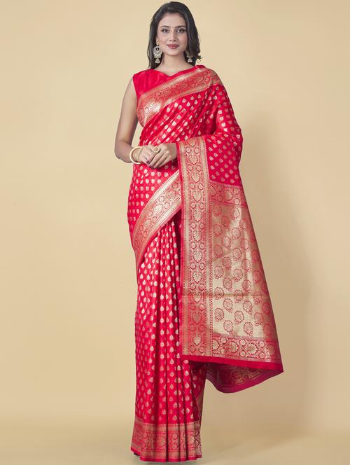 red silk blend banarasi saree with blouse - 19900183 - Very Small Image - 1