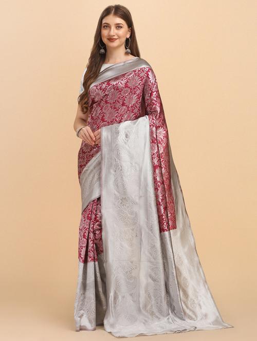 magenta silk banarasi saree with blouse - 19900201 - Very Small Image - 1