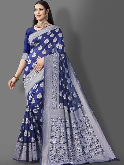 blue jacquard banarasi saree with blouse - 19900202 - Very Small Image - 1