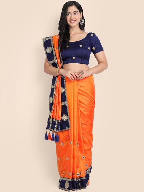 orange silk blend embroidered saree with blouse - 19900212 - Very Small Image - 1