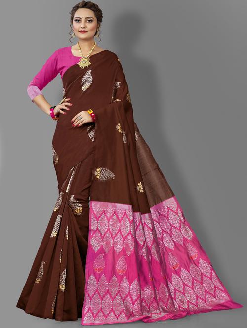brown jacquard banarasi saree with blouse - 19900221 - Very Small Image - 1