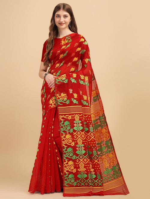 red cotton silk jamdani saree - 19900240 - Very Small Image - 1