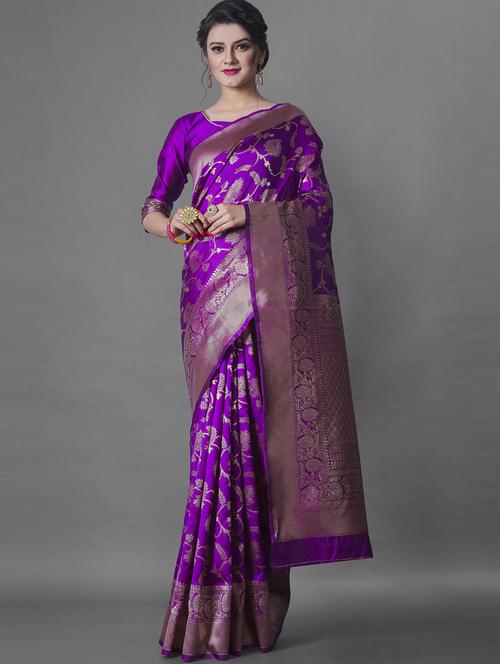 purple jacquard banarasi saree with blouse - 19900266 - Very Small Image - 1