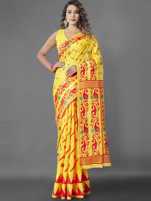 yelow printed saree with blouse - 19900271 - Very Small Image - 1