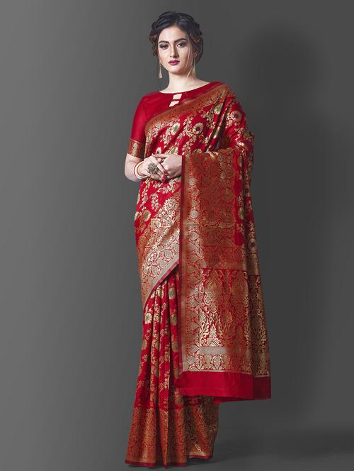 red jacquard kanjivaram saree with blouse - 19900272 - Very Small Image - 1
