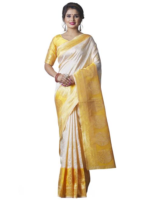 cream jacquard banarasi saree with blouse - 19900280 - Very Small Image - 1